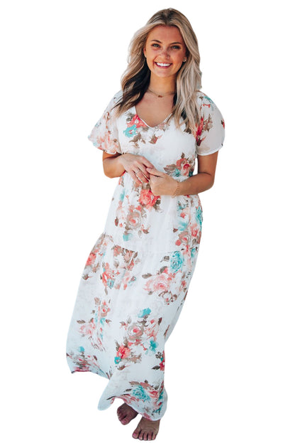 White Floral Print Lace-up High Waist Plus Size Maxi Dress