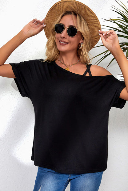 Black One Shoulder Long Sleeve Shift Blouse