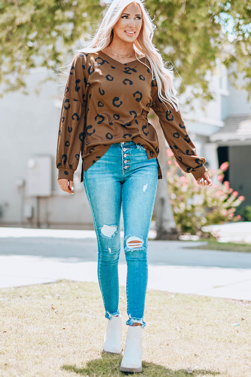 Leopard Print Side Split Loose V Neck Top