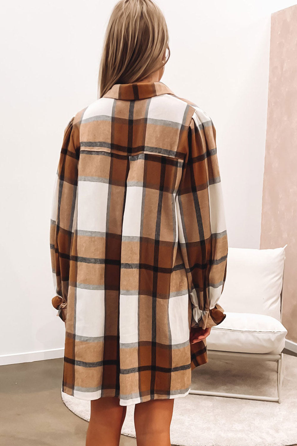 Khaki Plaid Pattern Collared Neck Ruffled Sleeve Shirt Dress