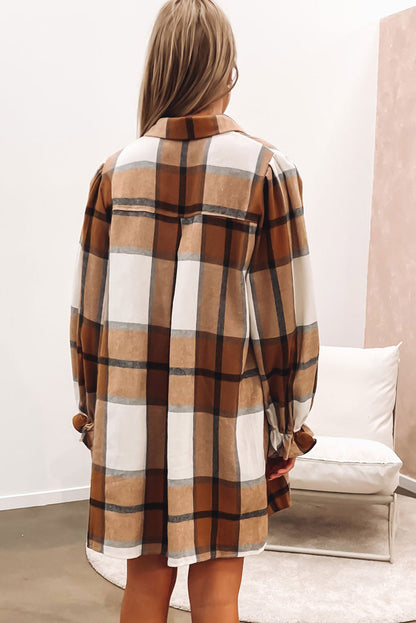 Khaki Plaid Pattern Collared Neck Ruffled Sleeve Shirt Dress