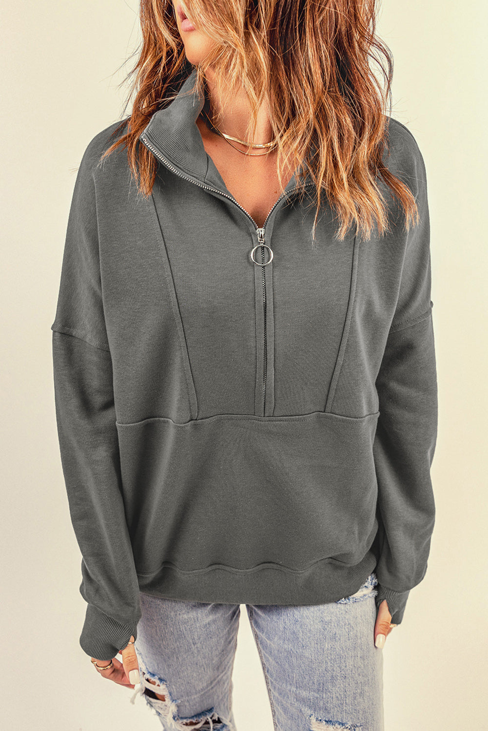 Gray Solid Color Zip Collar Sweatshirt with Pockets