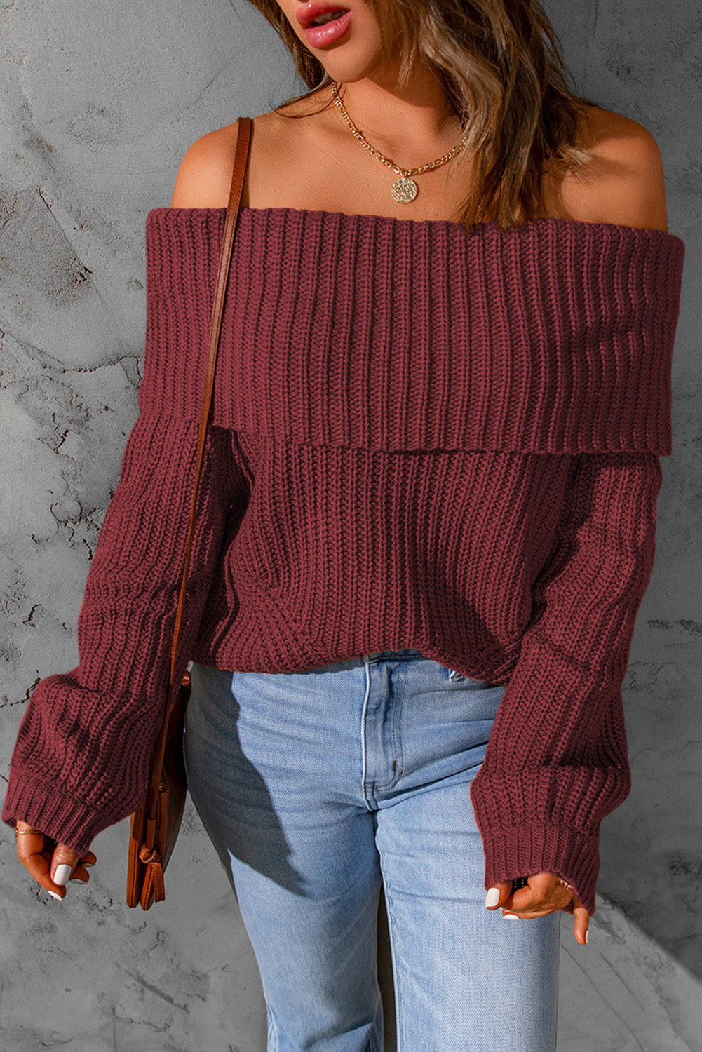 Khaki Ribbed Knit Foldover Off Shoulder Sweater