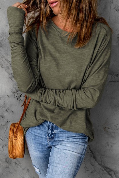 Green Solid Crew Neck Long Sleeve Long Sweatshirt