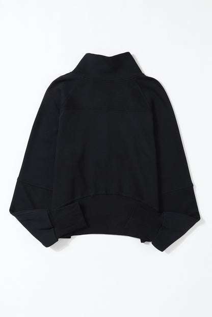 Black Zip Up Stand Collar Ribbed Thumbhole Sleeve Sweatshirt