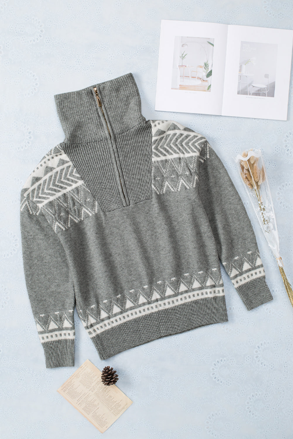 White Geometry Knit Quarter Zip Sweater