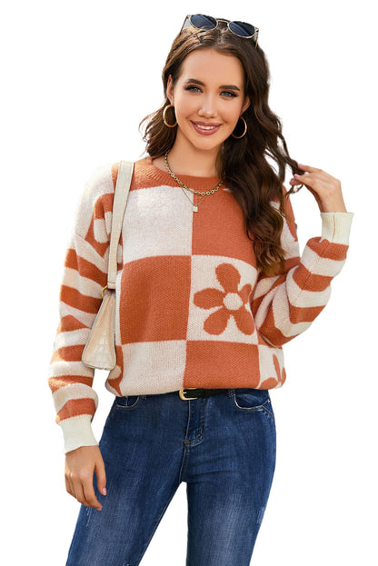 Brown Checkered Floral Print Striped Sleeve Sweater