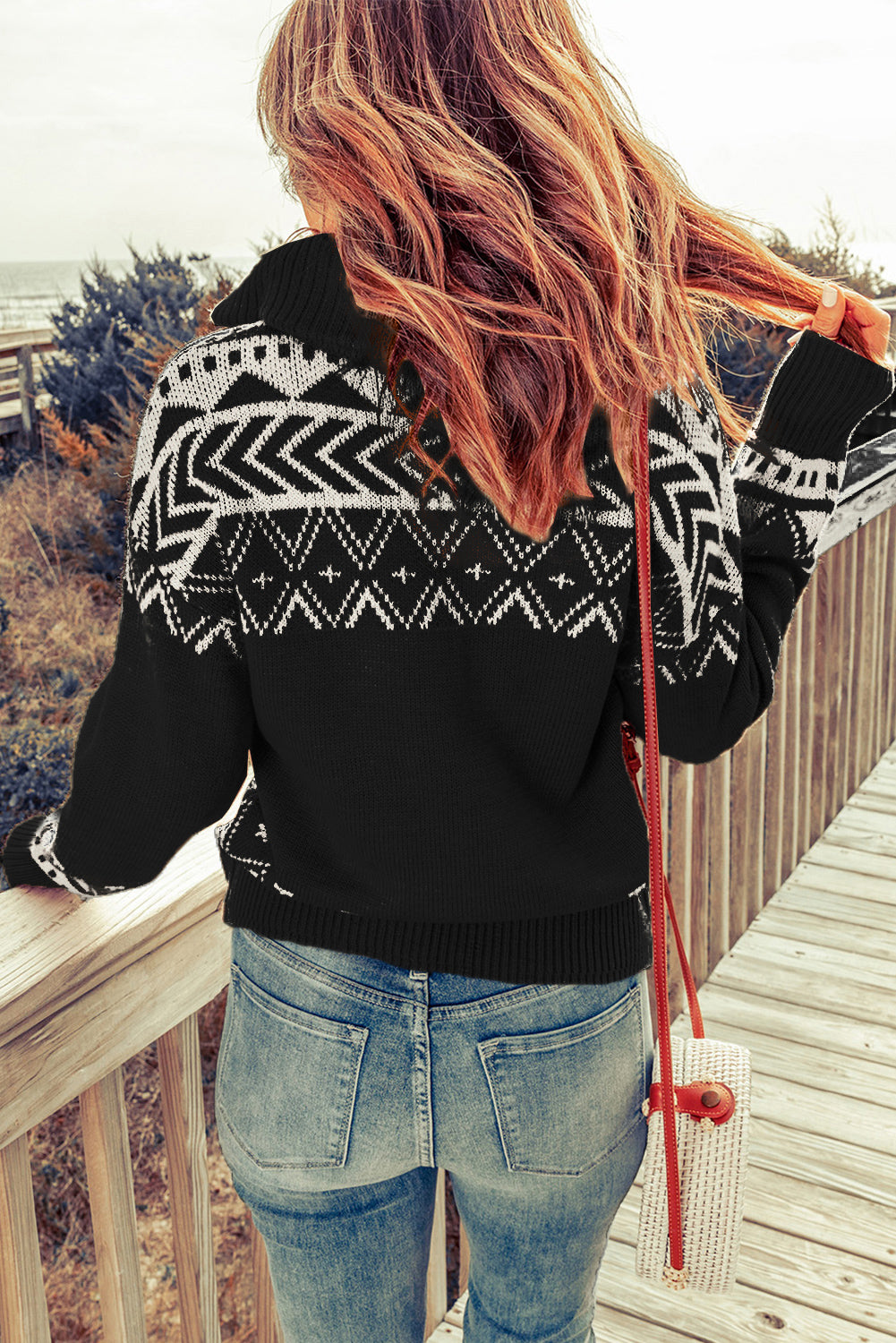 White Geometry Knit Quarter Zip Sweater