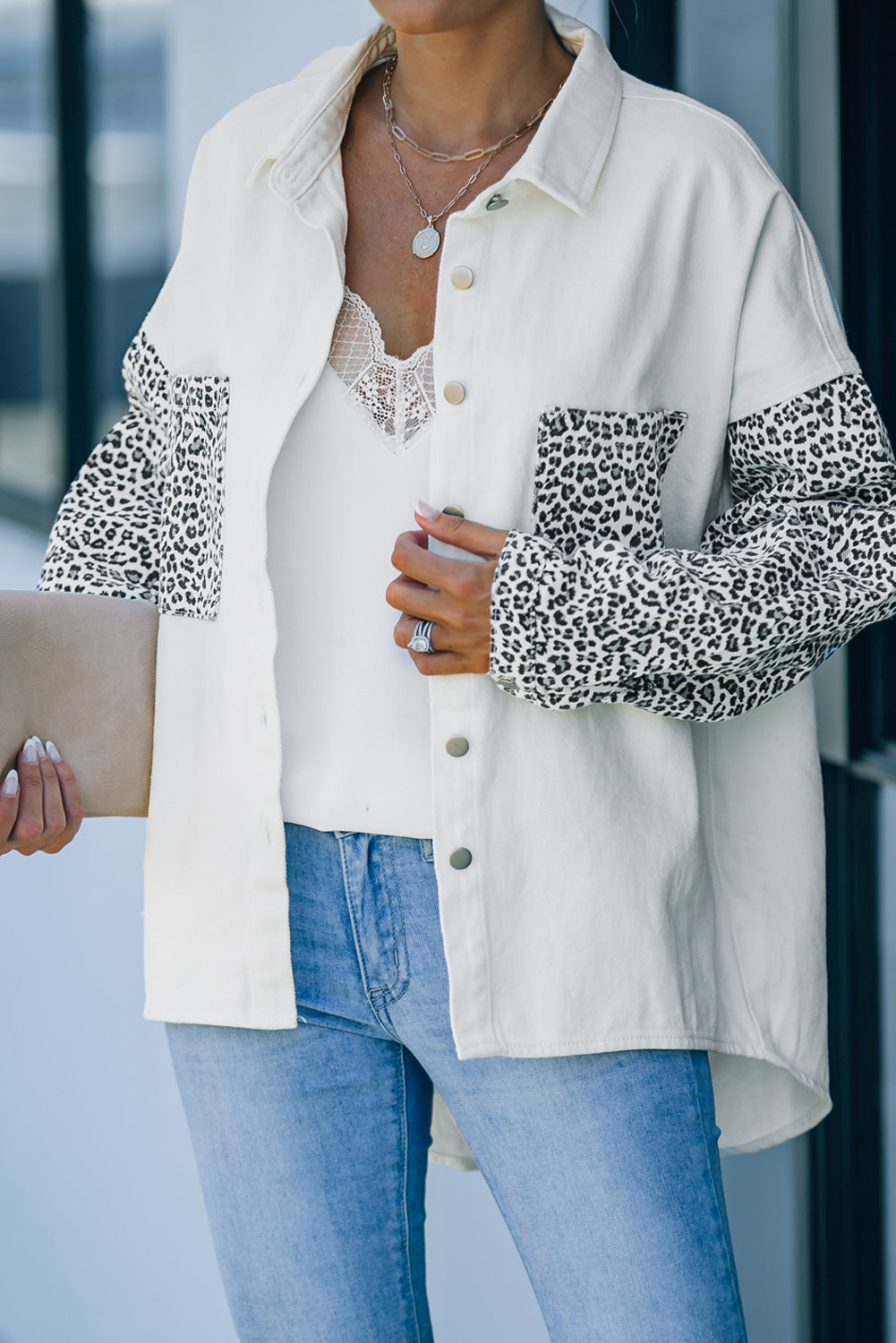 Sky Blue Contrast Leopard Denim Jacket