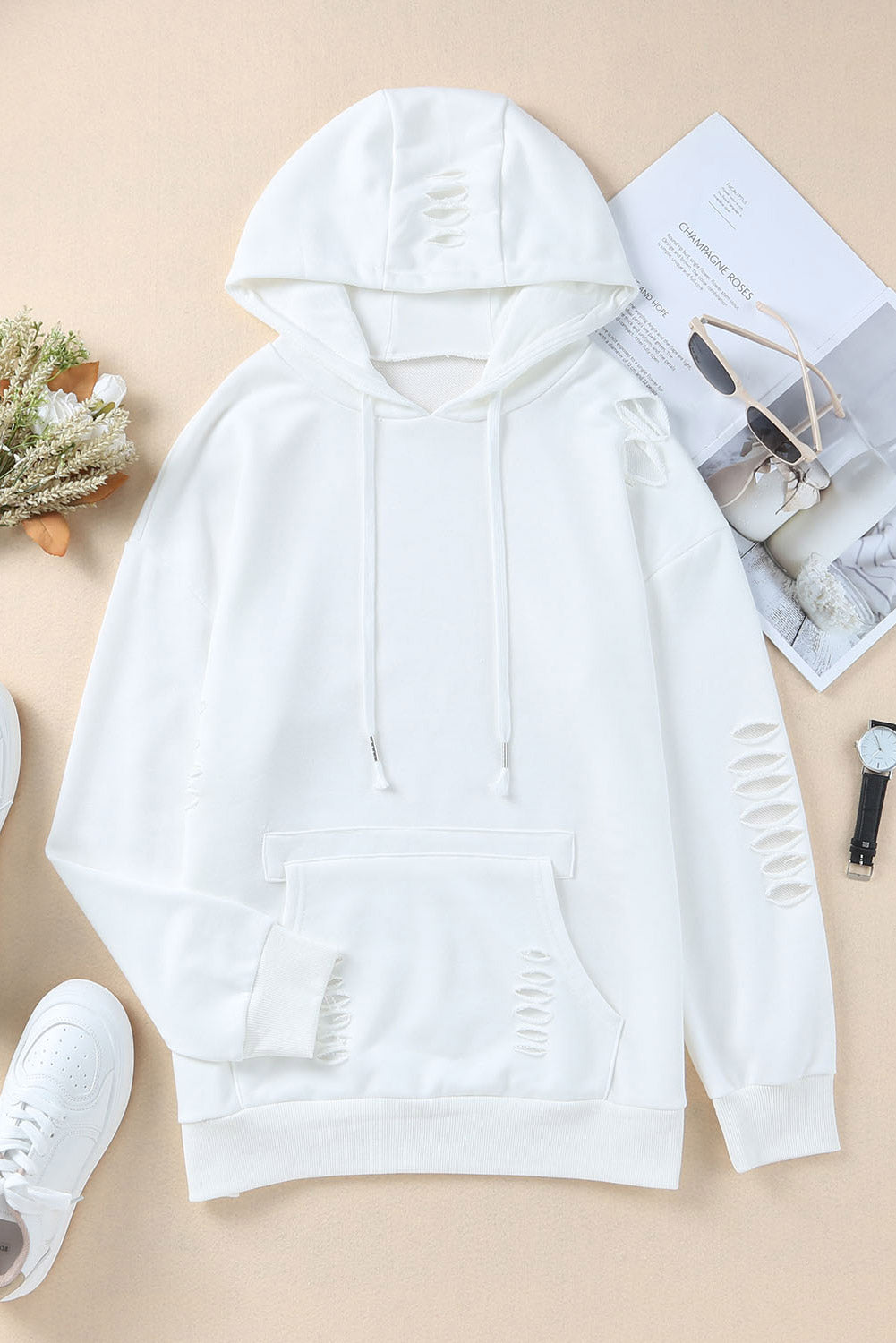 White Solid Ripped Hooded Sweatshirt with Kangaroo Pocket