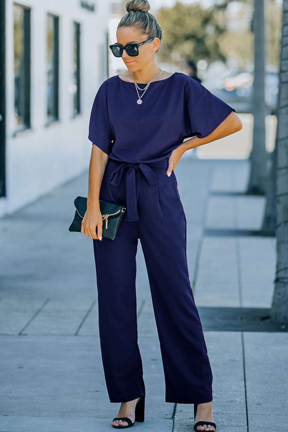 Red Belted Wide Leg Jumpsuit