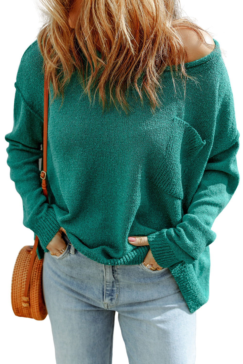 Green Solid Color Off Shoulder Rib Knit Sweater with Pocket