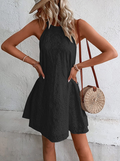 Eyelet Grecian Neck Mini Dress