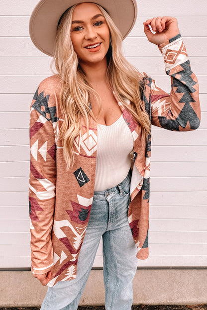 Khaki Western Aztec Print Open Front Cardigan