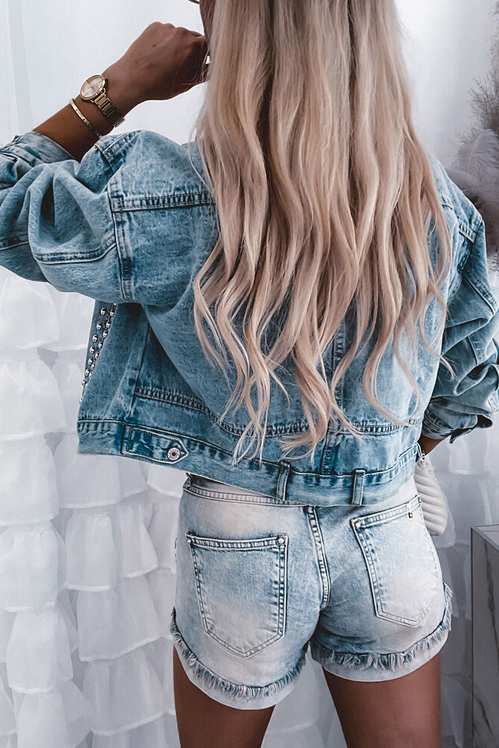 Sky Blue Rivet Studded Pocketed Denim Jacket