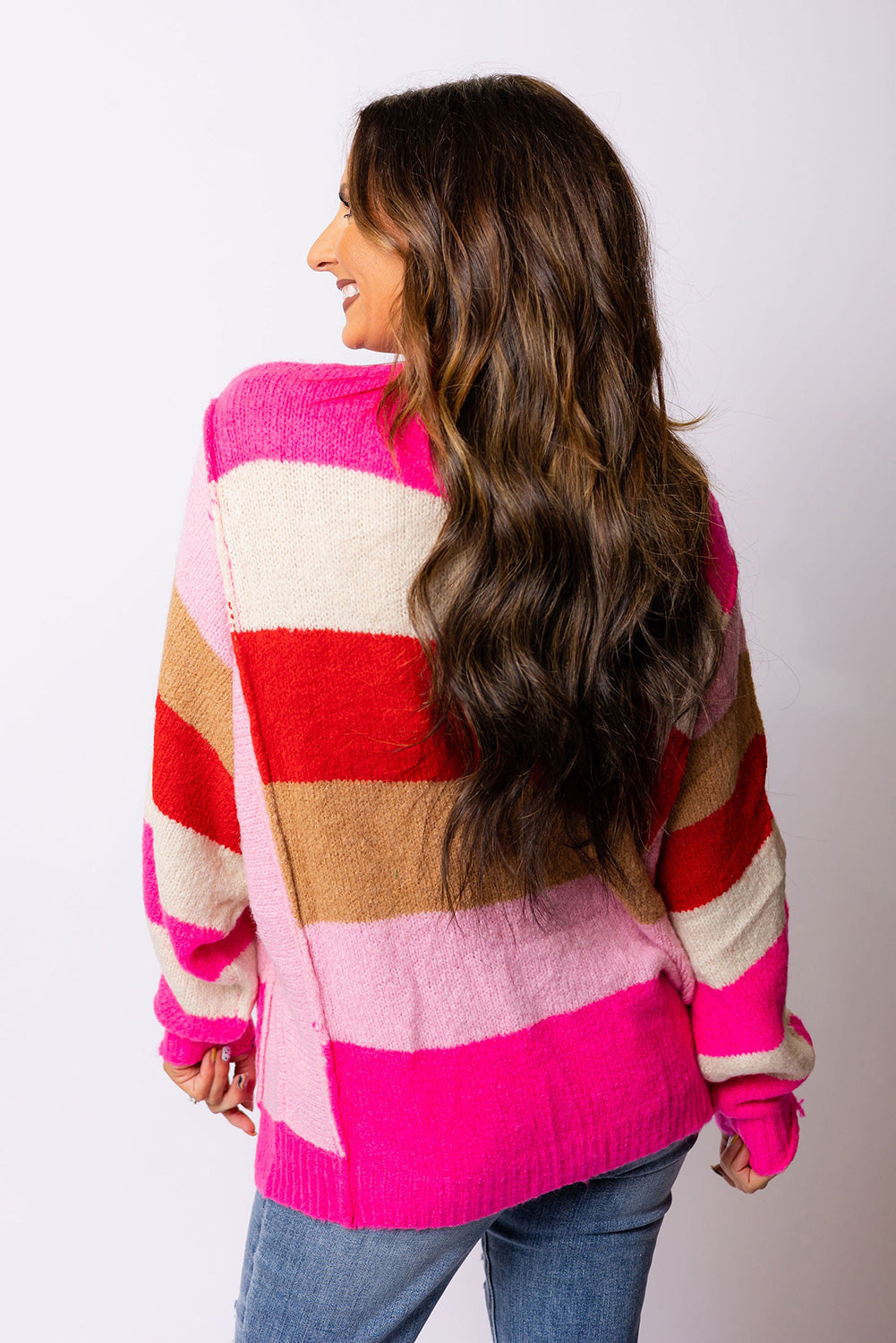 Red Mix Horizon Stripes Dolman Sleeve Sweater