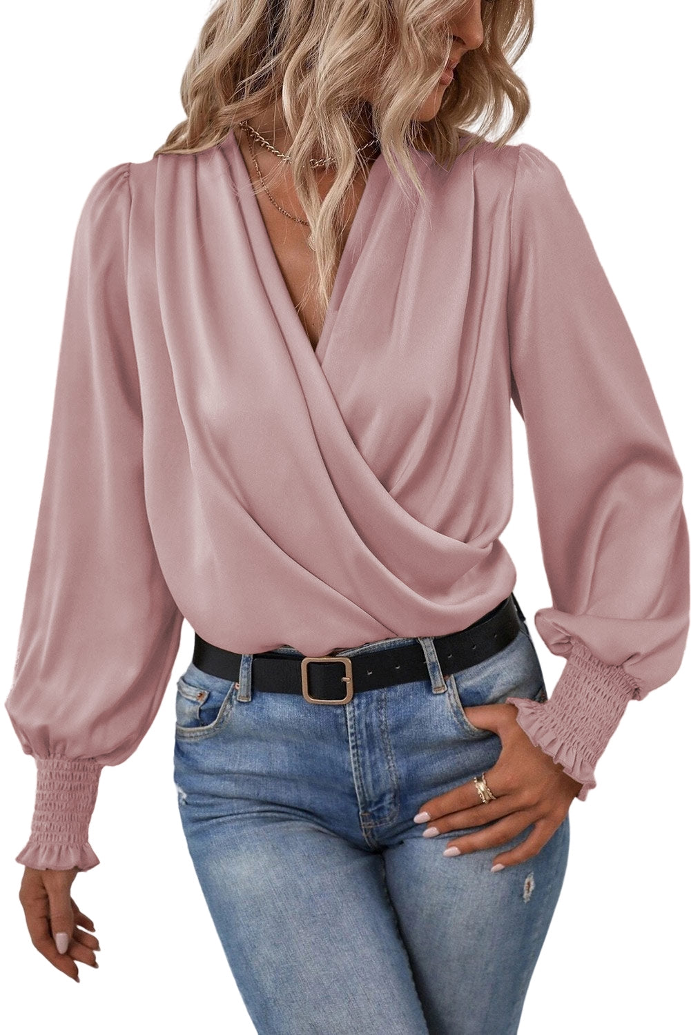 Pink Solid Surplice Neck Shirred Cuffs Draped Blouse