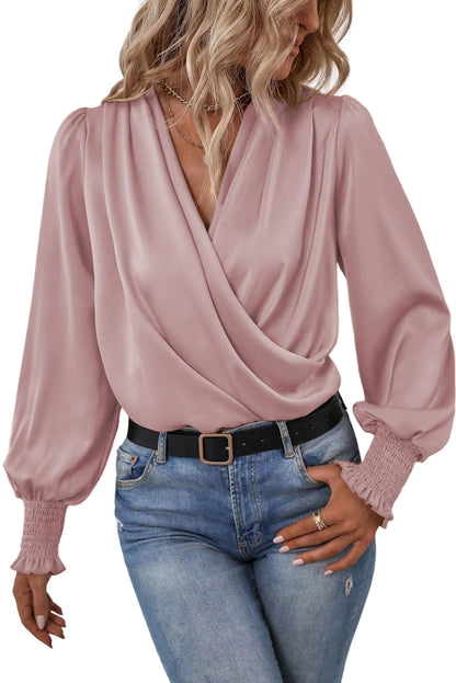 Pink Solid Surplice Neck Shirred Cuffs Draped Blouse