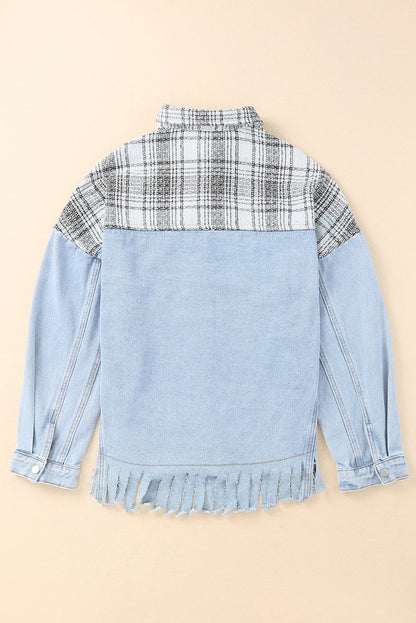 Sky Blue Plaid Patchwork Fringed Flap Pockets Denim Jacket