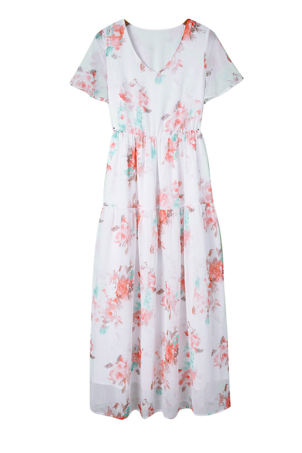 White Floral Print Lace-up High Waist Plus Size Maxi Dress