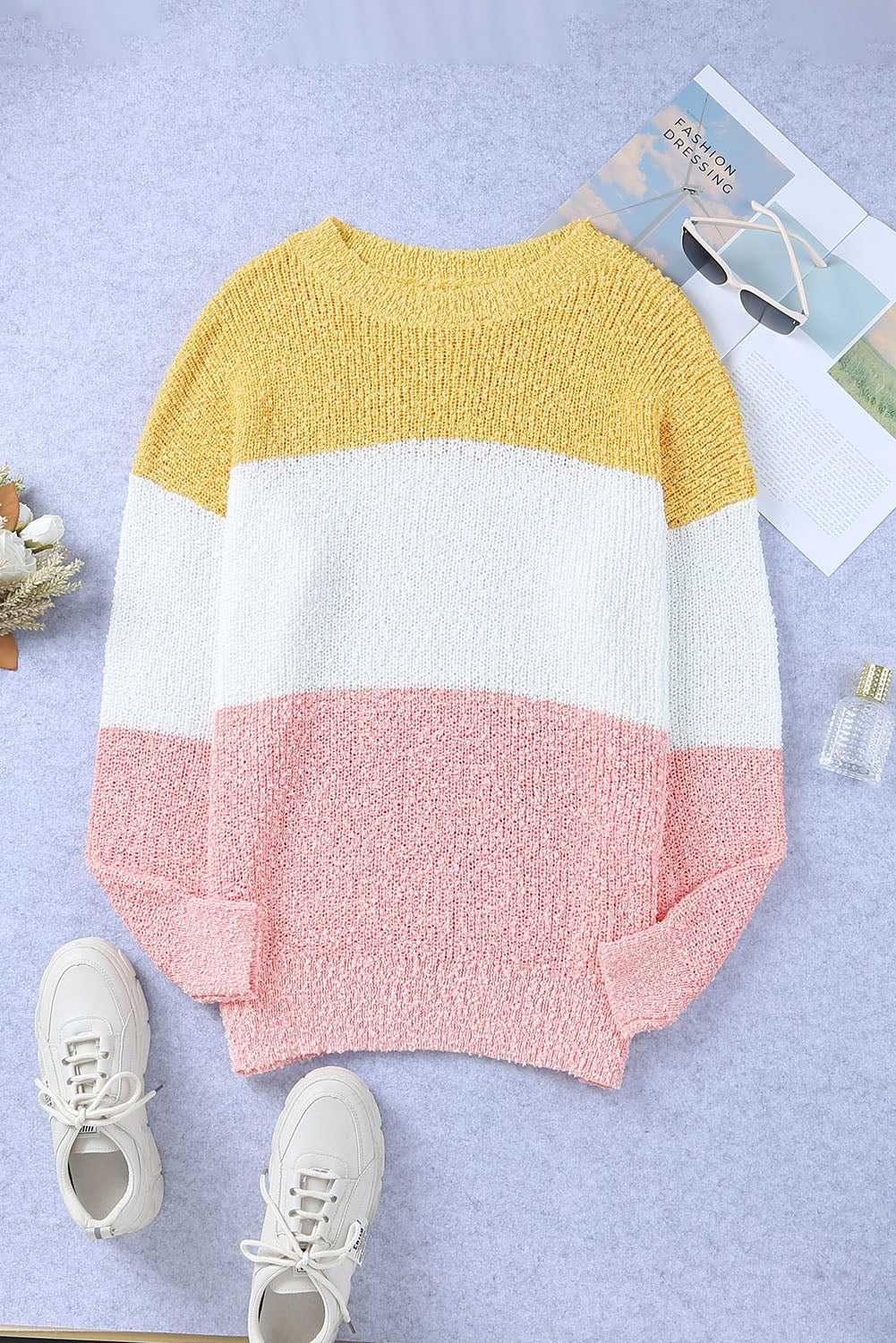 Yellow Colorblock Bubble Sleeve Plus Size Sweater