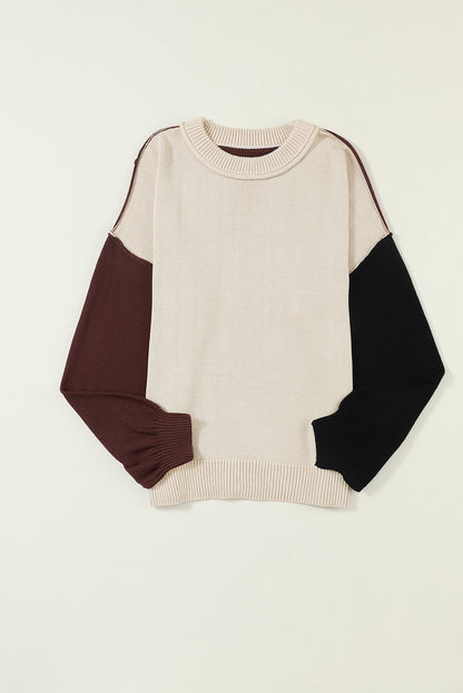 Chicory Coffee Contrast Color Exposed Seam Drop Shoulder Sweater