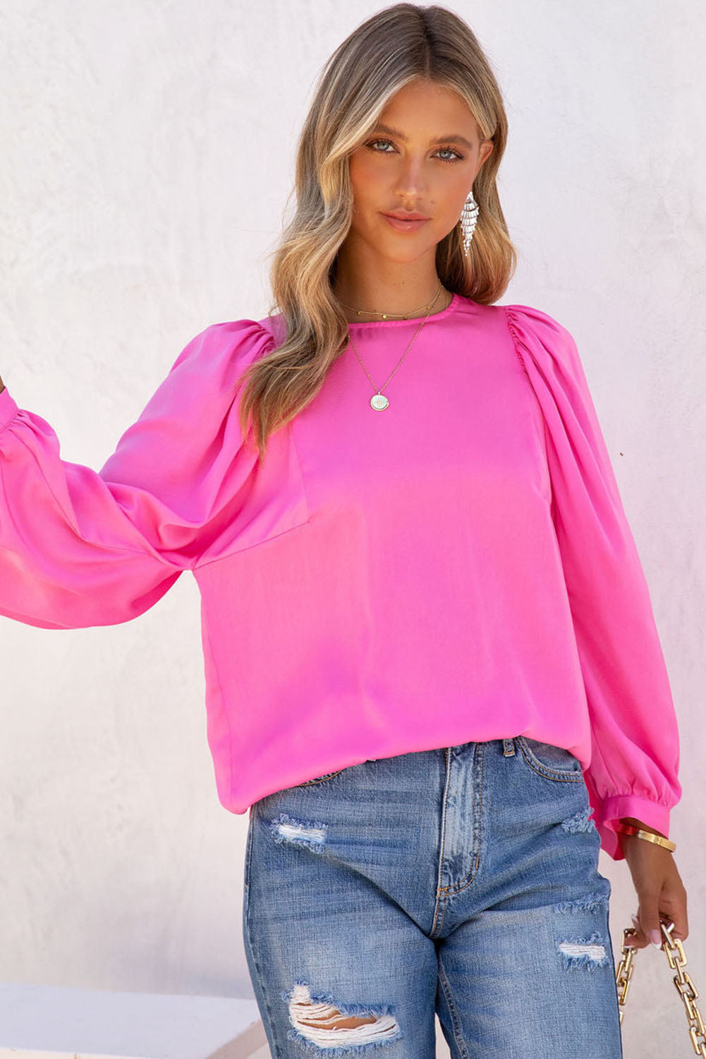 Pink Satin Puff Long Sleeve Crewneck Blouse