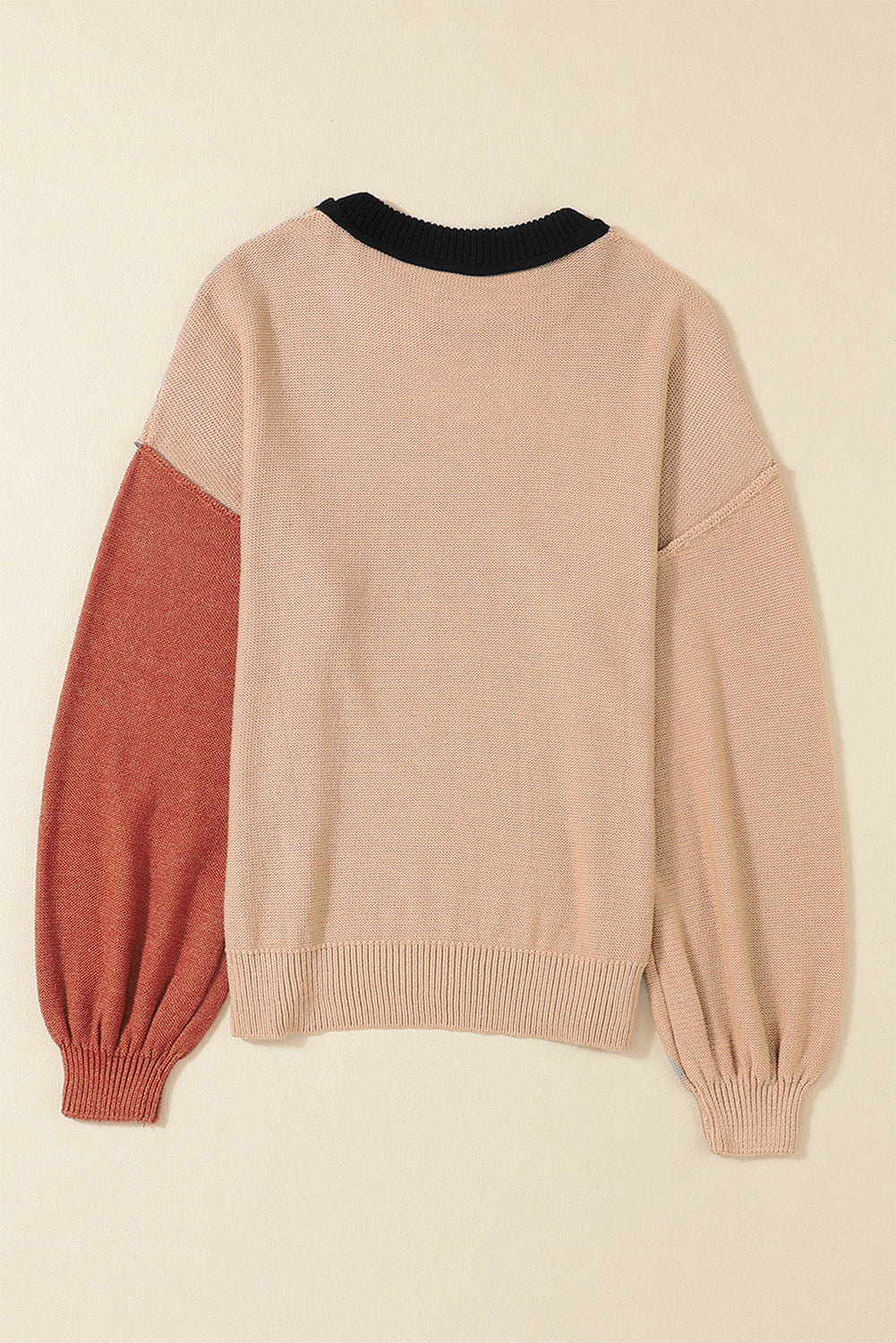 Pink Colorblock Bishop Sleeve Ribbed Trim Sweater