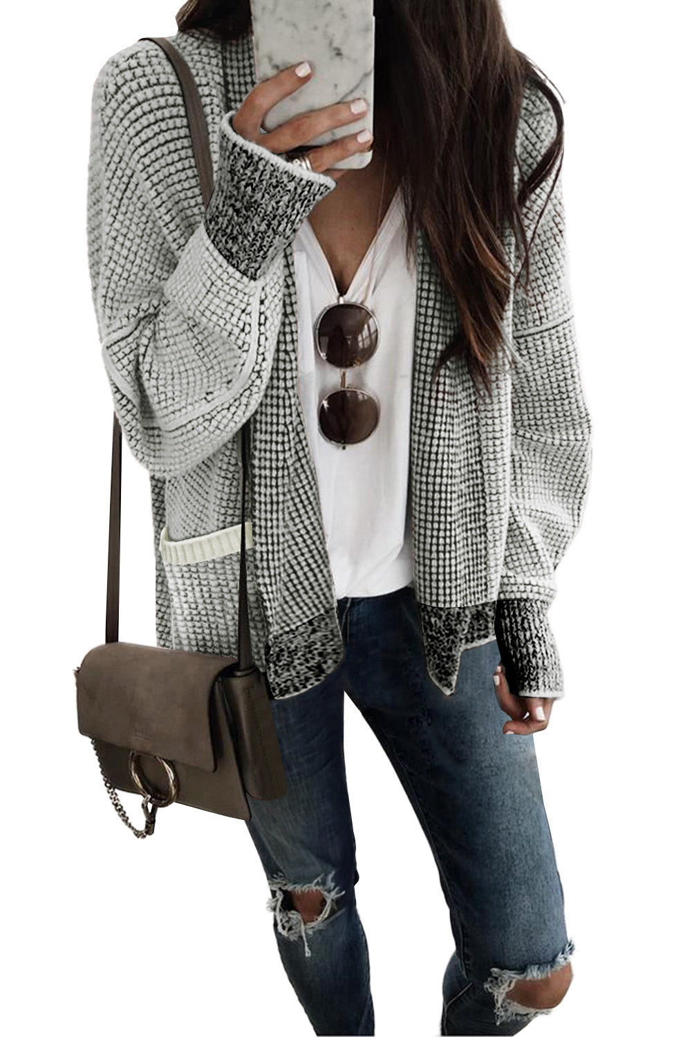 Rose Plaid Knitted Long Open Front Cardigan