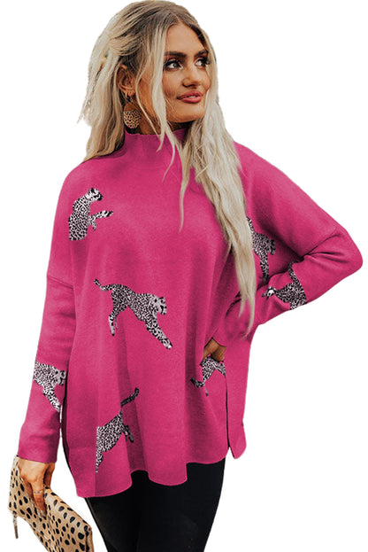 Parchment Lively Cheetah Print High Neck Split Hem Sweater