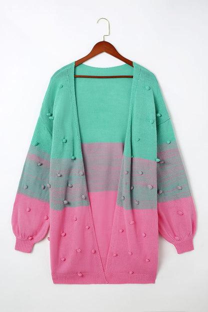 Rose Pompom Color Block Open Front Cardigan