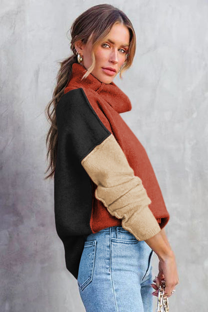 Khaki Color Block Turtle Neck Drop Shoulder Knit Sweater