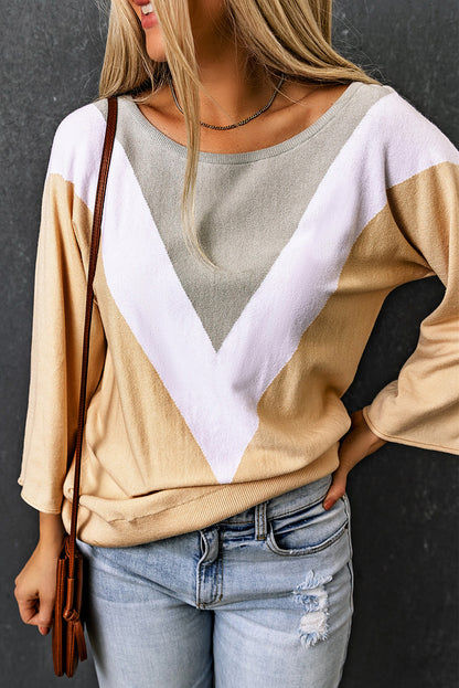 Apricot 3/4 Sleeve Chevron Color Block Sweater