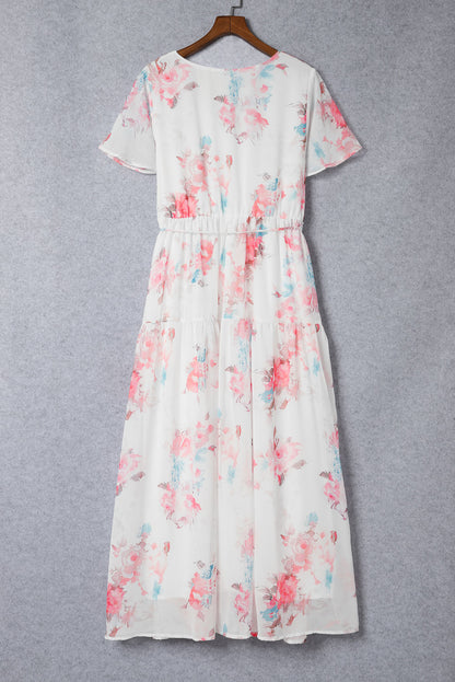 White Floral Print Lace-up High Waist Plus Size Maxi Dress