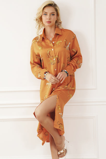 Mustard Cheetah Print Button-Up Split Shirt Dress