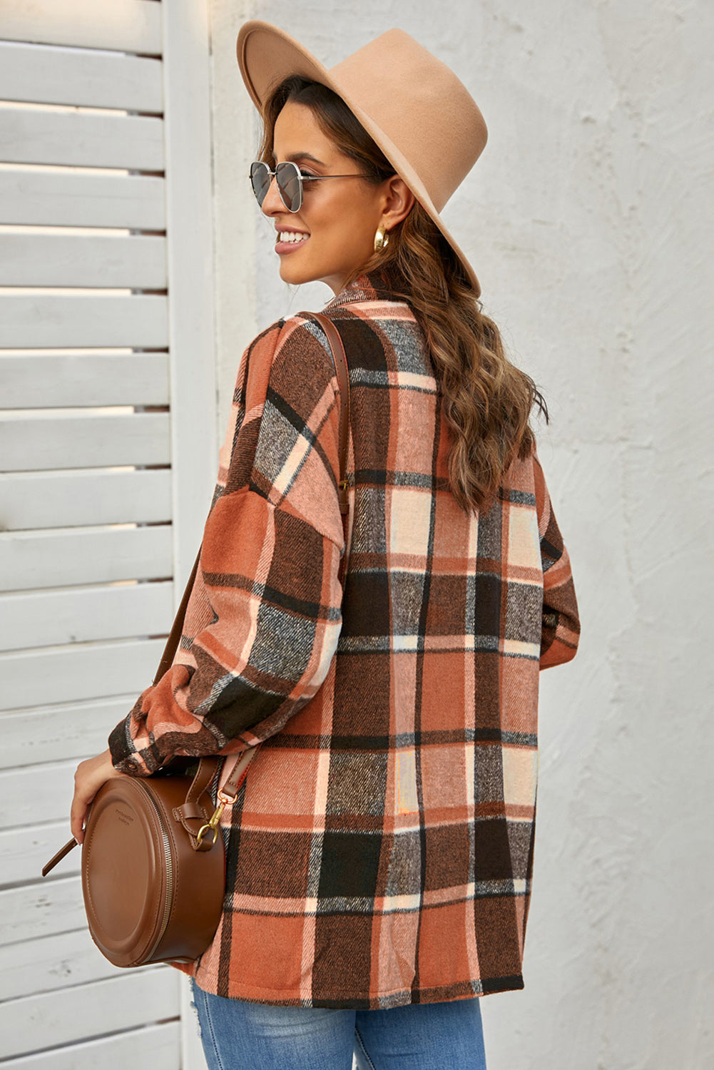 Red Plaid Print Buttoned Shirt Jacket