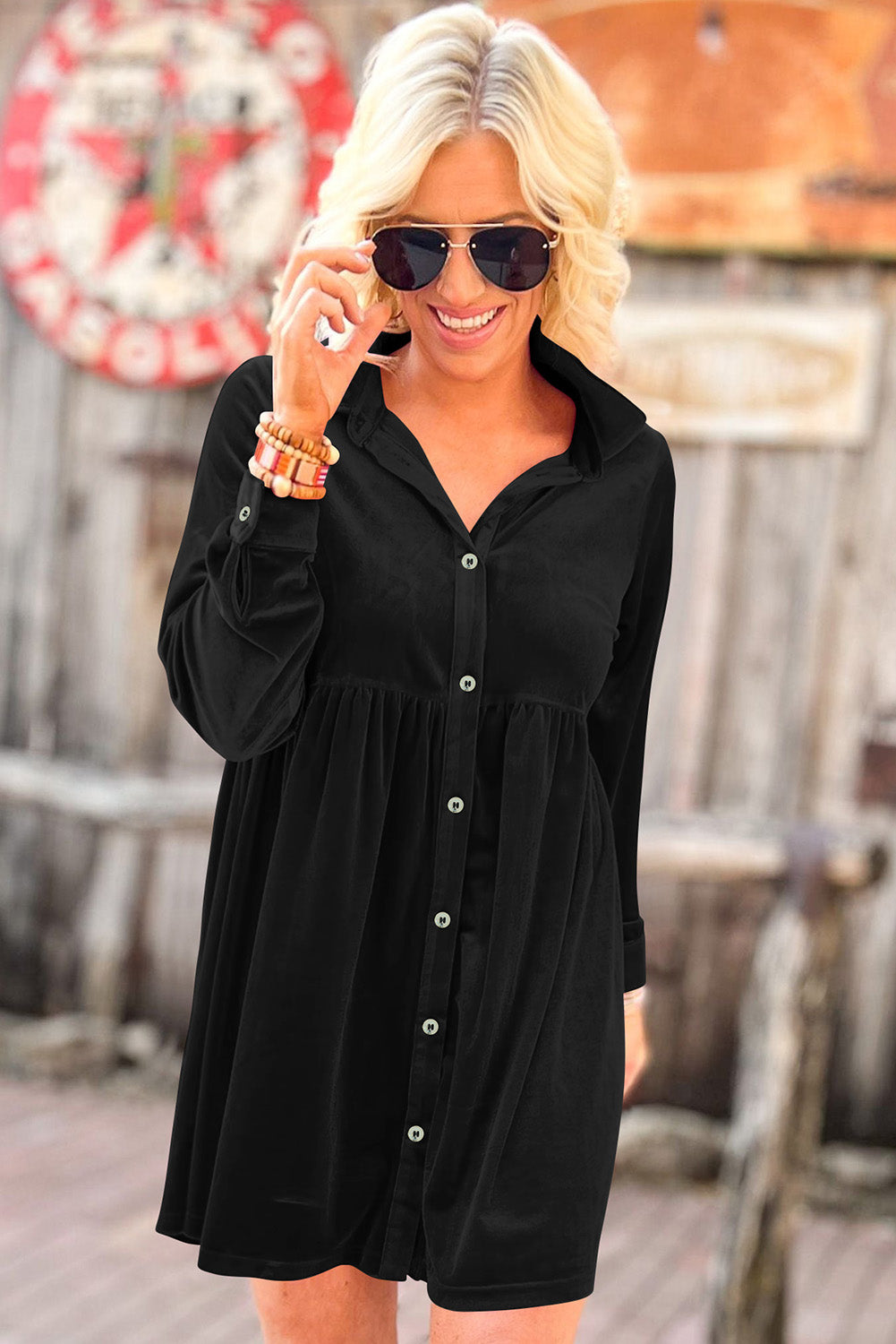 Black Long Sleeve Ruffle Velvet Button Up Dress