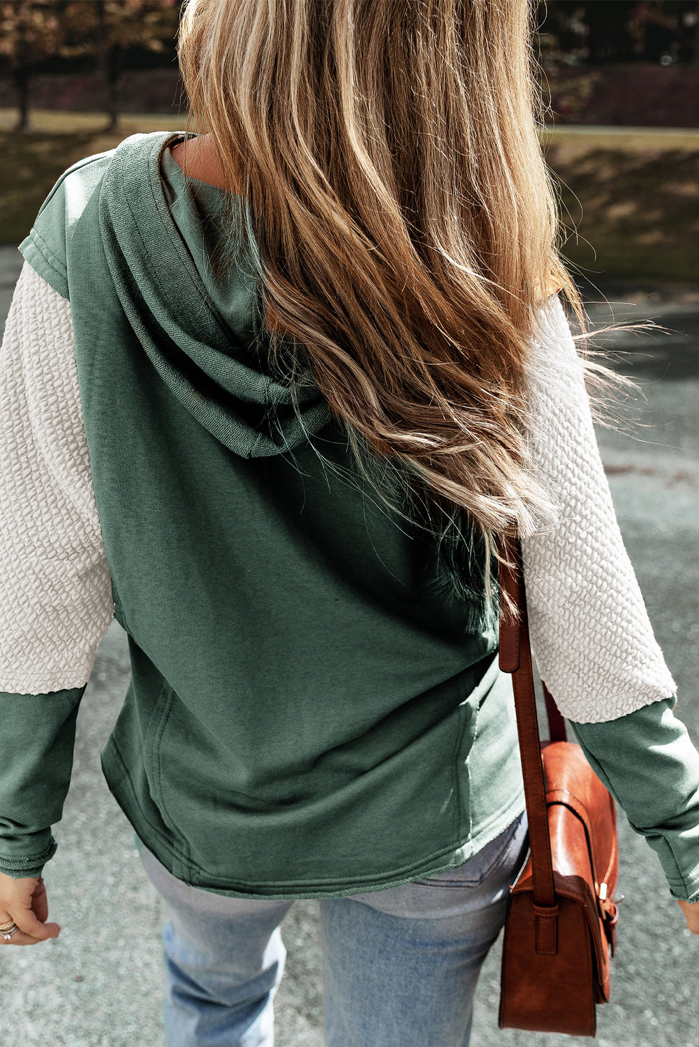 Chestnut Contrast Sleeves Patchwork Colorblock Hoodie