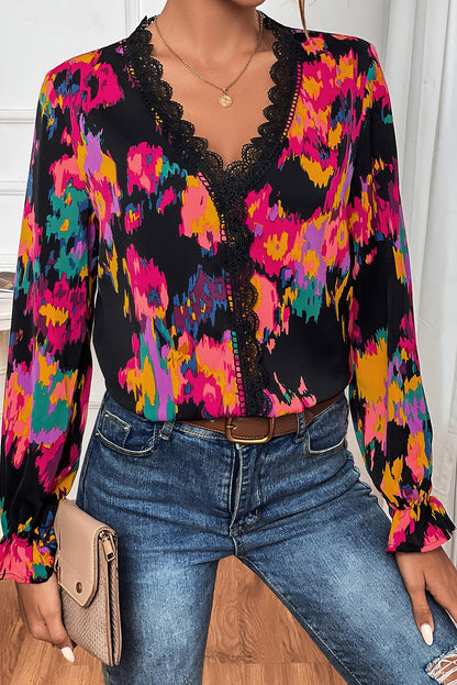 Green Graffiti Printed V Neck Puff Sleeve Blouse