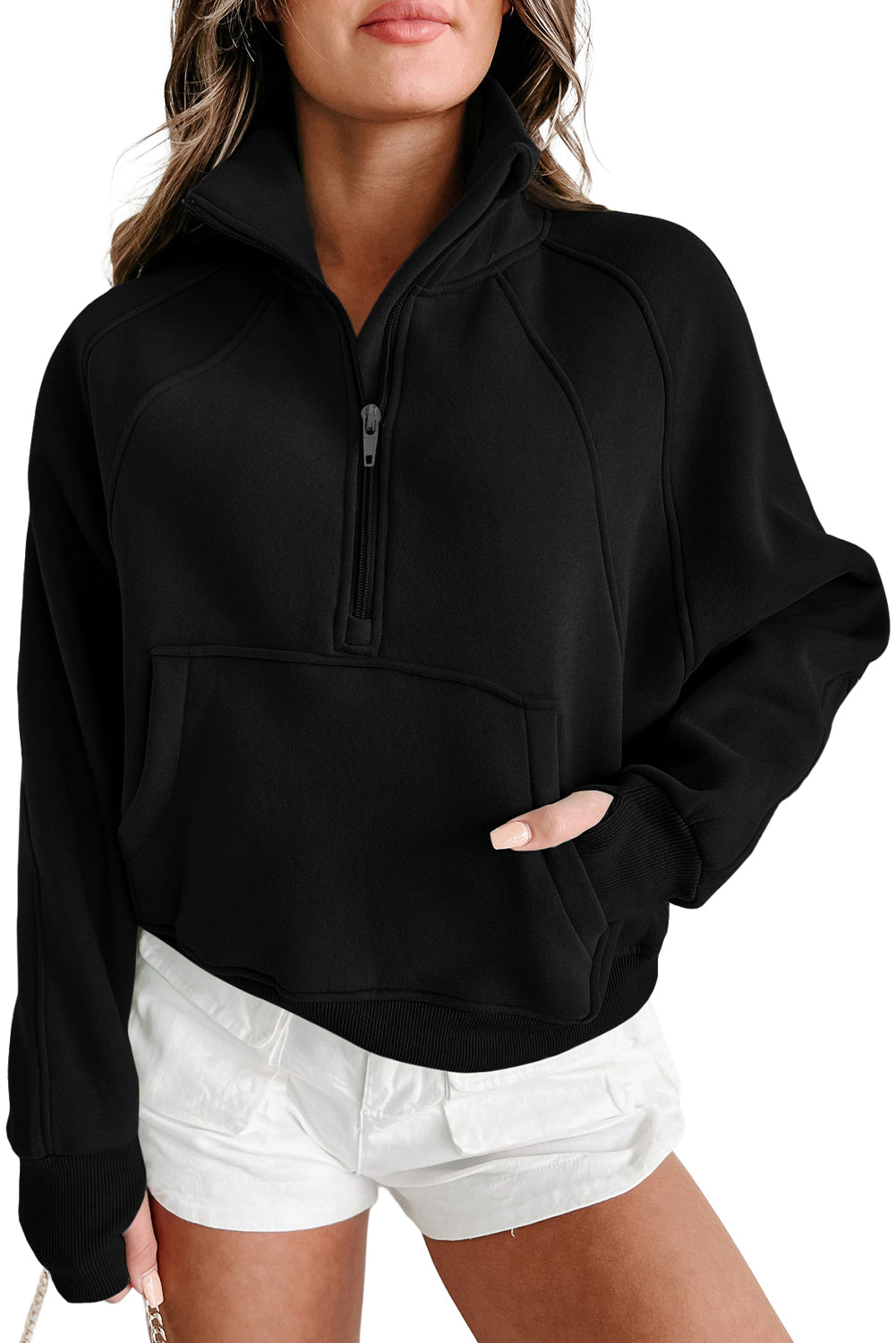 Black Zip Up Stand Collar Ribbed Thumbhole Sleeve Sweatshirt