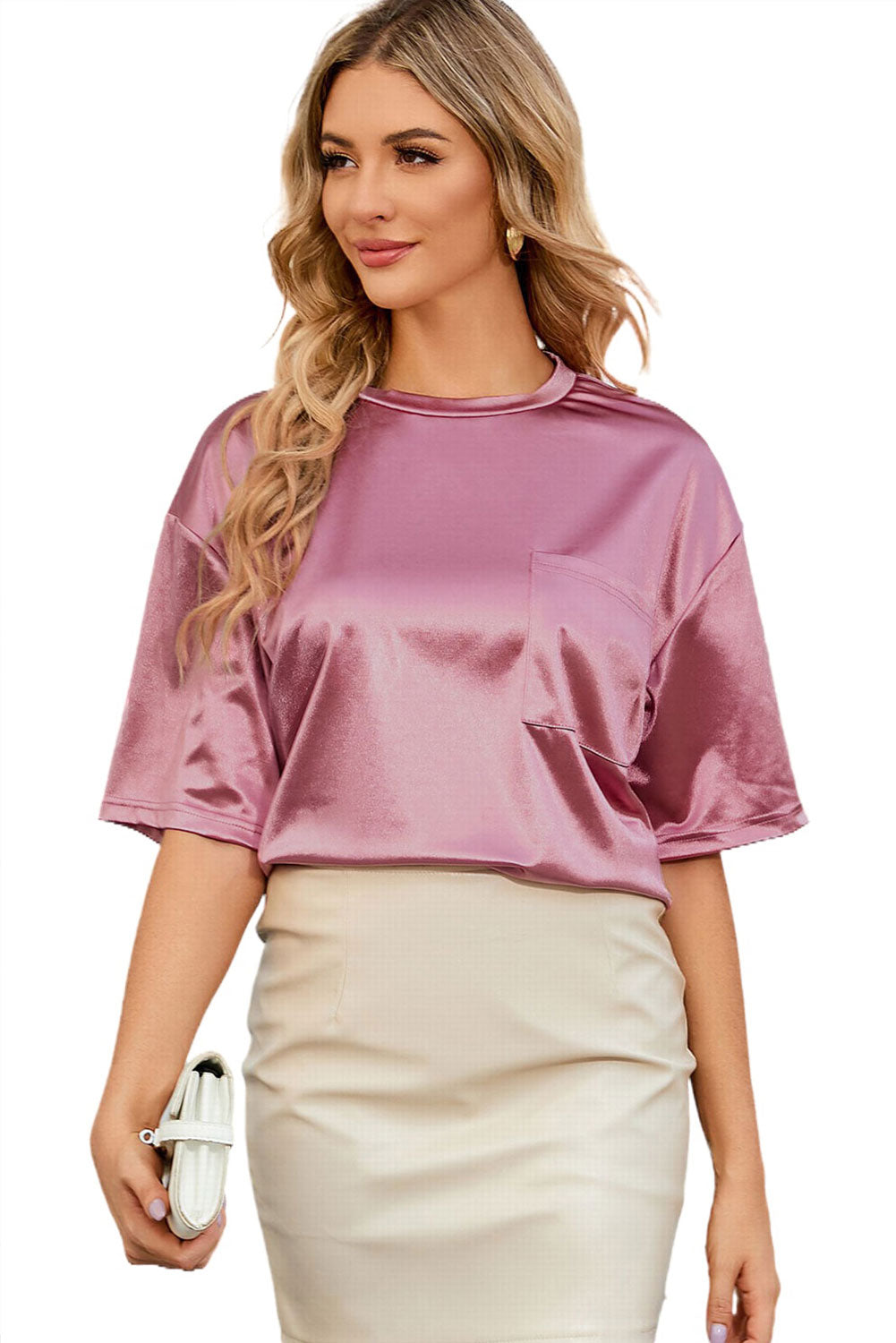 Apricot Glitter Chest Pocket Round Neck Long Sleeve Top