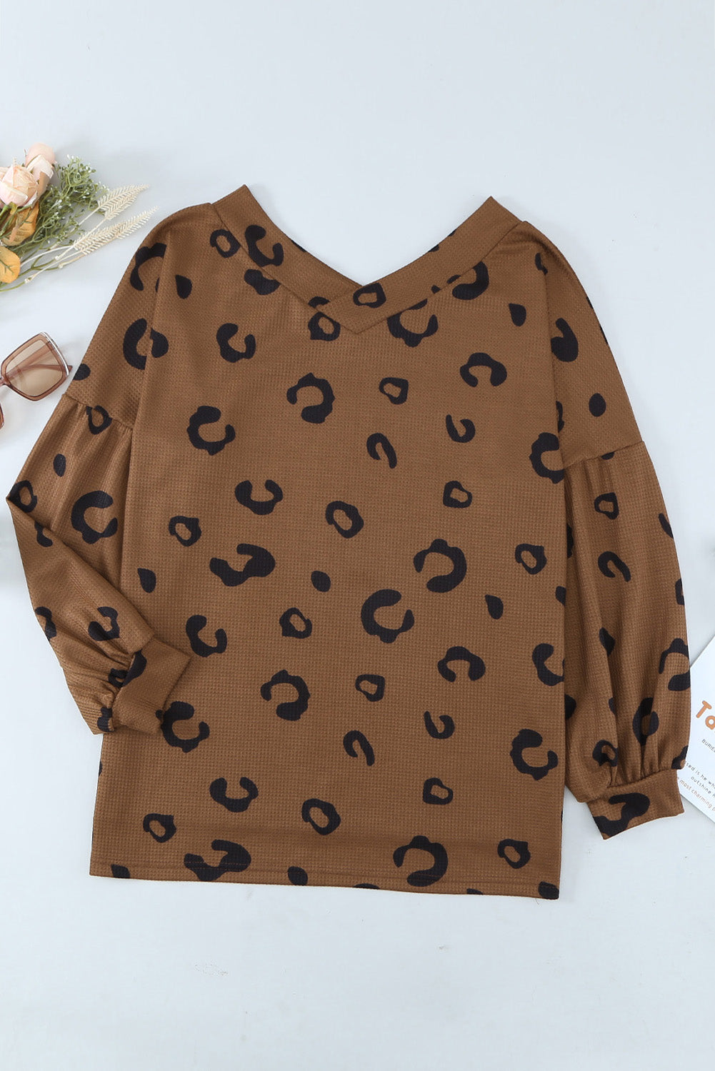 Leopard Print Side Split Loose V Neck Top