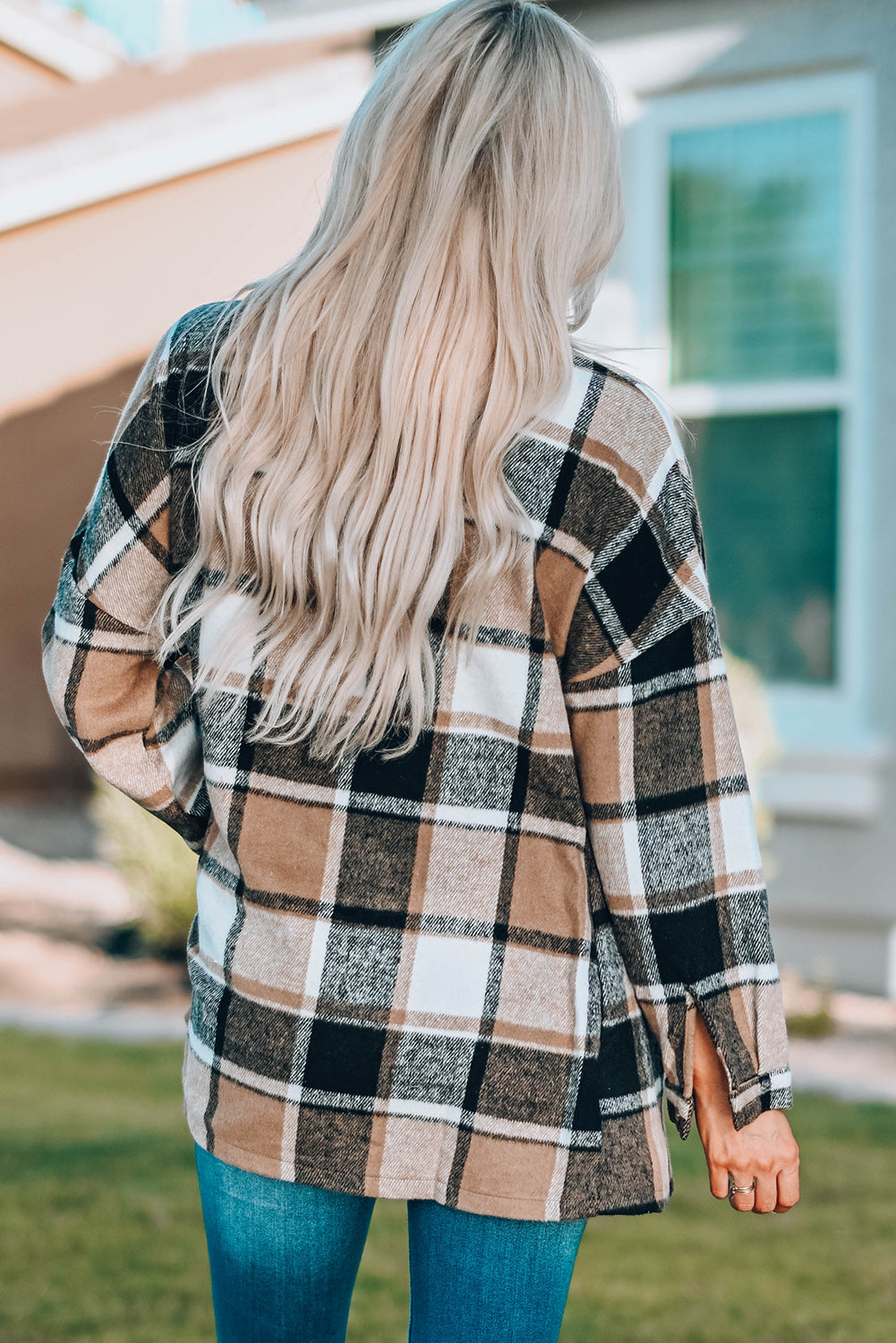 Red Plaid Print Buttoned Shirt Jacket