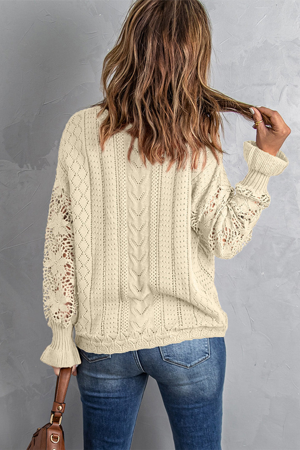 Apricot Crochet Lace Pointelle Knit Sweater