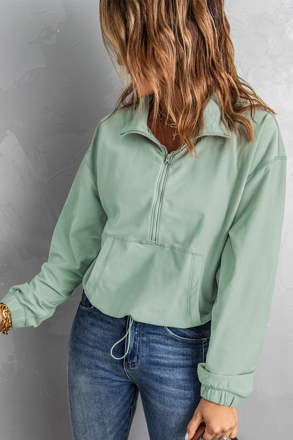 Green Zip Front Pocketed Pullover Sweatshirt