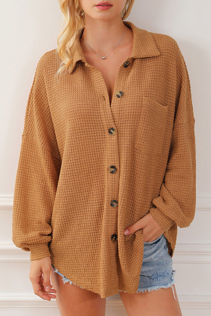 Khaki Waffle Knit Button Up Casual Shirt