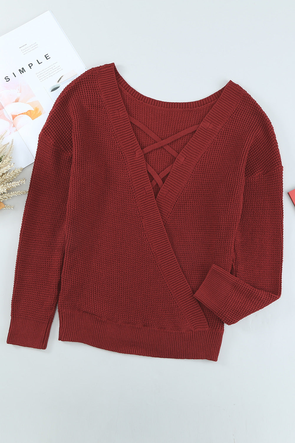 Red Cross Back Hollow-out Sweater