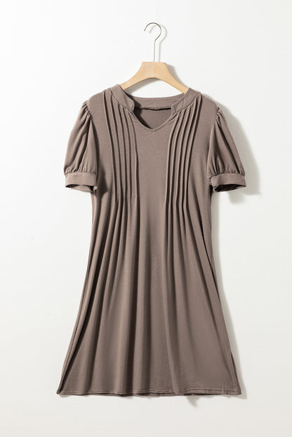 Fern Green Notched Neck Pleated Puff Sleeve Shift T-shirt Dress