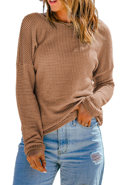 Green Waffle Knit Drop Shoulder Long Sleeve Top