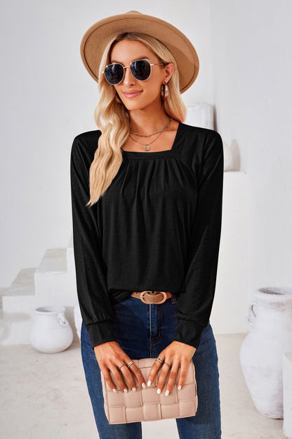 Square Neck Ruched Long Sleeve Blouse